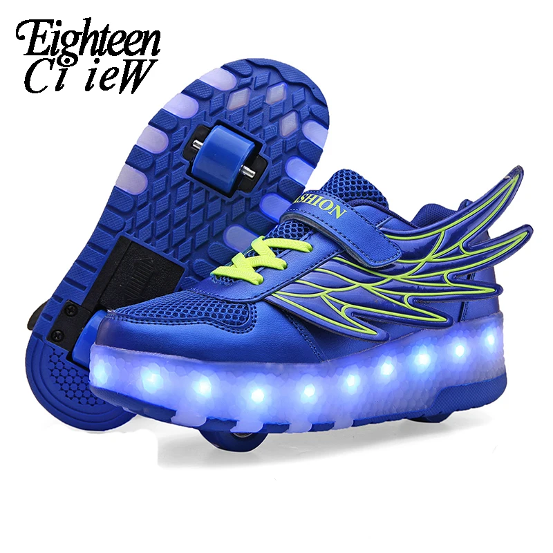 Детские светящиеся кроссовки с колесами крыльями светящисветодиодный двойным