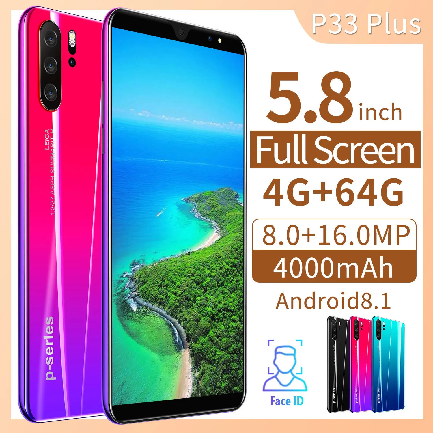 

Global Version P33 Plus 5.8 Inch 8MP+16MP 4GB+64GB Smartphone 4000mAh Face Unlock Dual SIM Dual Standby