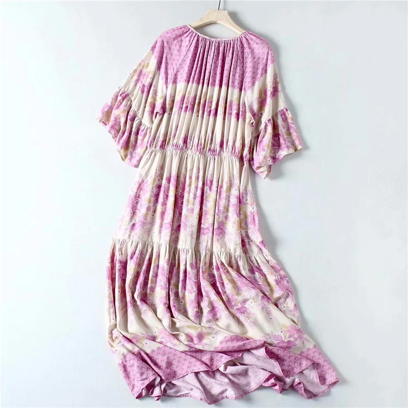 Женское винтажное богемное платье макси розовое пляжное с цветочным принтом