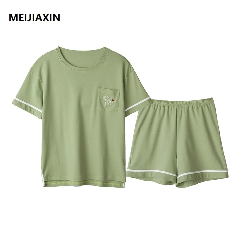 

Summer 100%Cotton Women Pajamas Set Short Sleeve Round Neck Girls Nightwear Casual Soft Female Homewear Tracksuits