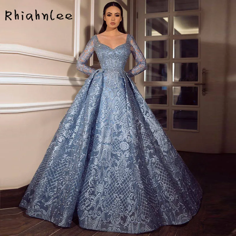 Вечерние платья с длинным рукавом в стиле Дубая привлекательные синие