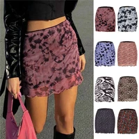 womens mesh bodycon mini skirt vintage floral print elastic high waist lettuce trim short pencil skirt