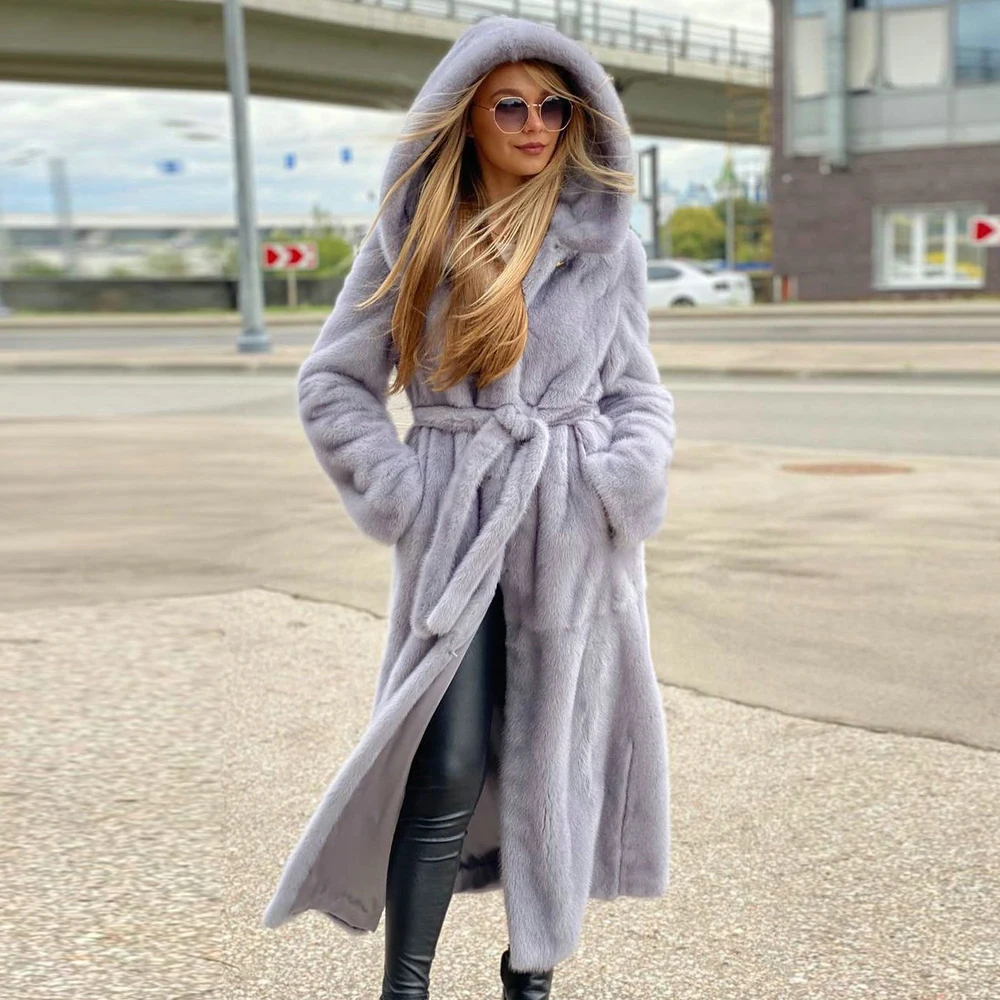 Light Grey Genuine Mink Fur Coat with Hood High Quality Winter Fashion New Full Pelt Real Mink Fur Coats Woman Luxury Outwear