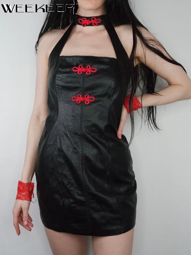 

Weekeep Chinese Style Buckle PU Leather Dress Women Sexy Backless Zip Up Halter Skinny Dresses Harajuku Y2k Casual Lady Clothing