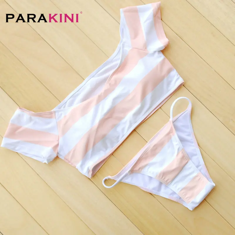 PARAKINI Для женщин один линии шеи комплект бикини полосатый купальник печати
