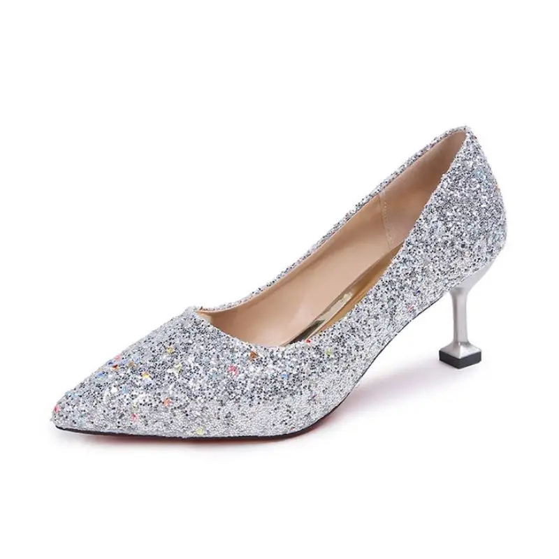 

Women Fashion Pumps Shoes Shine Upper Material Thin Heels Pointed Toe Shoes Women Party Wedding Footwear Size 35-40