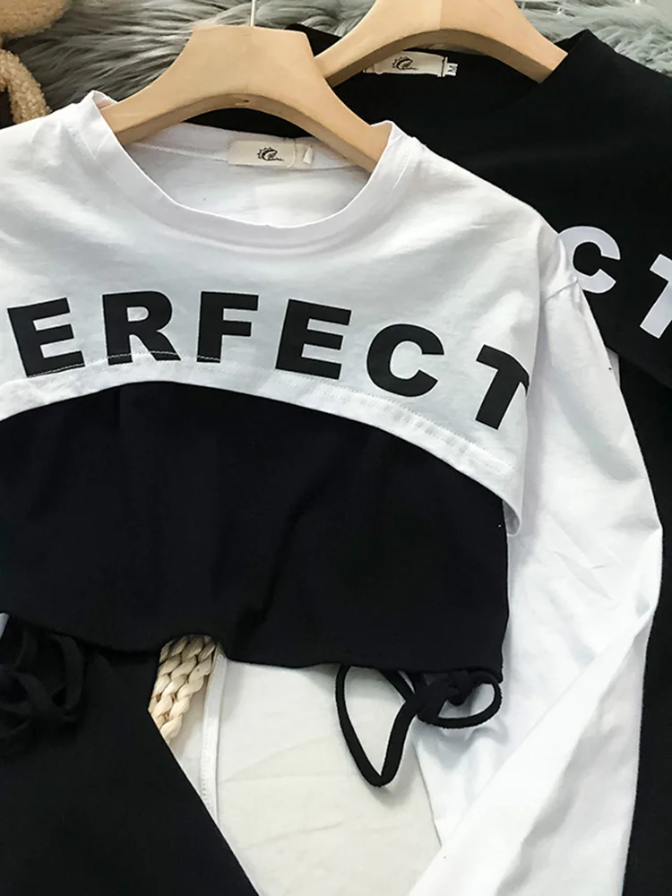 High Street Fashion T Shirts Women 2021 New Spring Summer Long Sleeve False Two Piece Female Crops Tops S M L XL