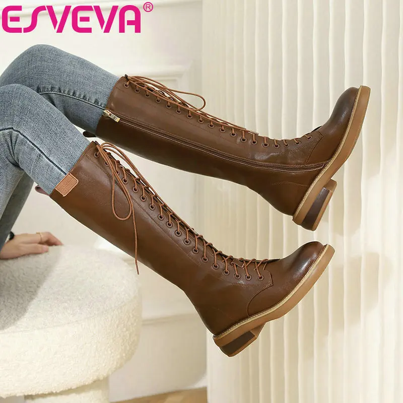 

ESVEVA 2022 Women Genuine Leather Knight Boots Low Heel Knee High Boots Autumn and Winter Size 34-39