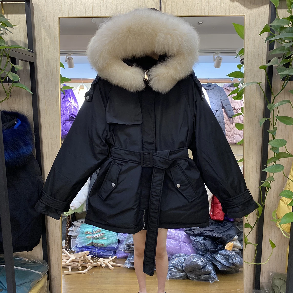 Fitaylor Women Winter 90% White Duck Down Jacket Belt Up Big Real Fur Collar Coat Warm Office Lady Black Fashion Outwear | Женская