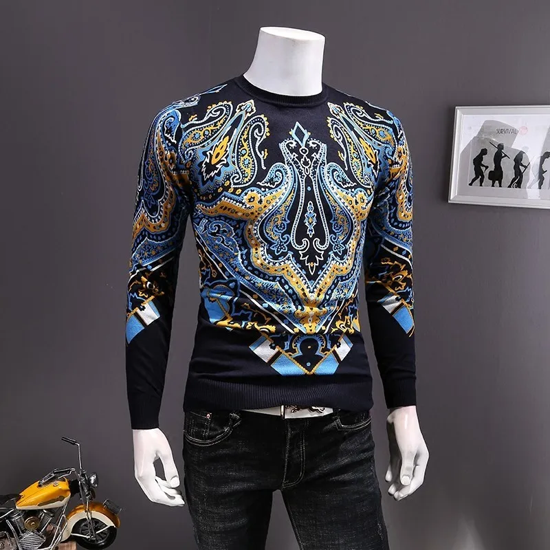 

Vintage Printing Mens Slim Fit Knitting Pullovers Punk Style High Street Autumn Thin Long Sleeve O-Neck Male Sweaters Plus Size