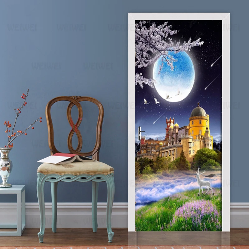 

Removable Door Stickers European Wonderland Castle Moon Waterproof Living Room Bedroom Door Wallpaper Self Adhesive Wall Decals