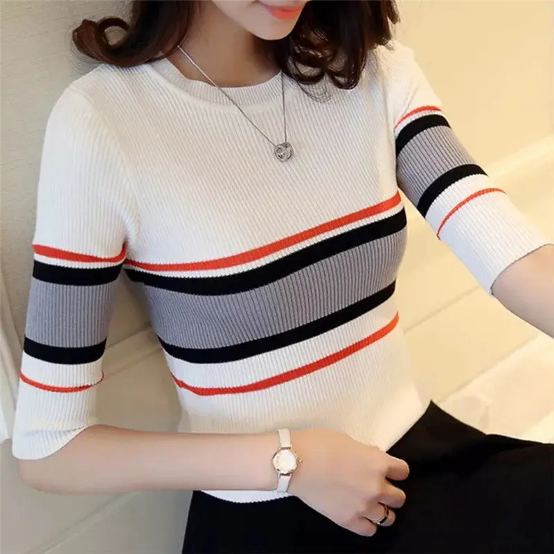 

[limited time promotion] spring and autumn new striped medium sleeve T-shirt women's short sweater bottomed slim top T-shirt