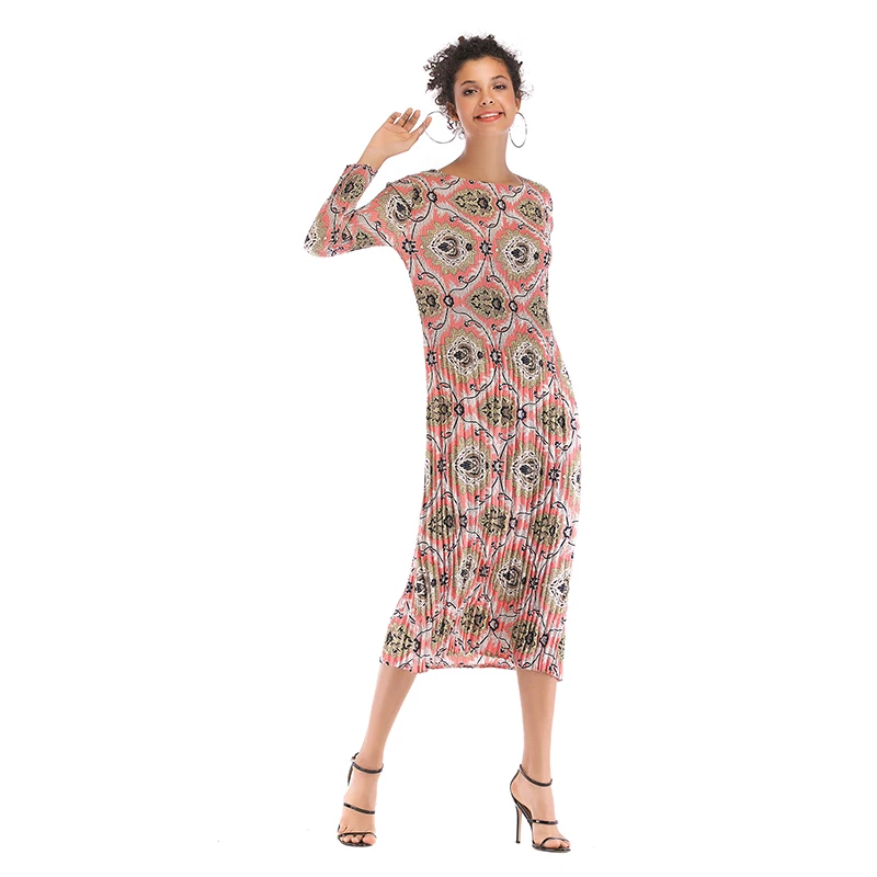 Цветочное платье с круглым вырезом и длинным рукавом 4 цвета вечерние платья