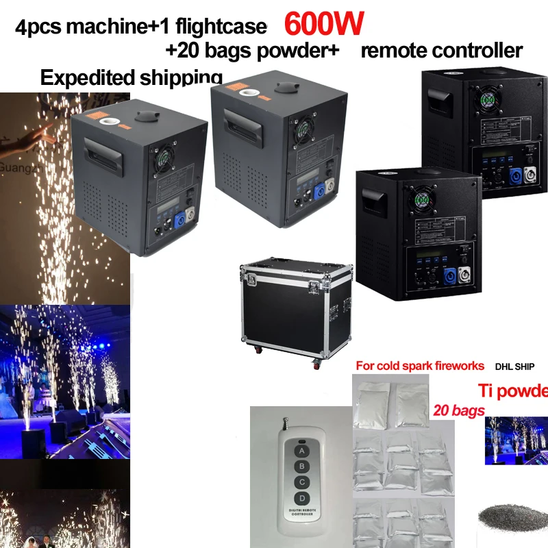 4PCS IN case 20bag Сценическая холодная машина фейерверков 600 Вт Холодное пламя фейерверков DMX и дистанционное управление сверкающие Оборудование свадебный фонтан TI порошок - Цвет: 4PCS IN case 20bag