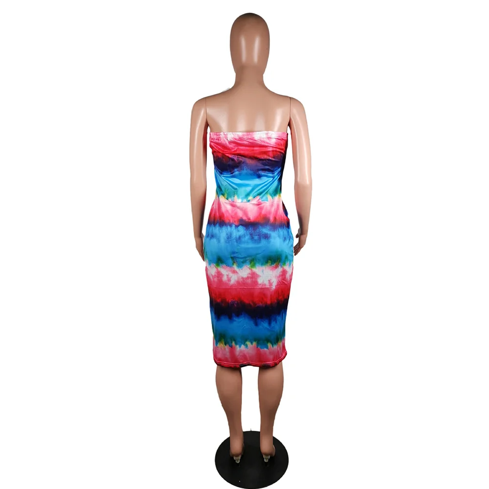 

Off The Shoulder Elegant Bodycon Dress Women Sexy Tie Dye Print Strapless Pencil Dresses Vintage Wrap Chest Backless Midi Dress