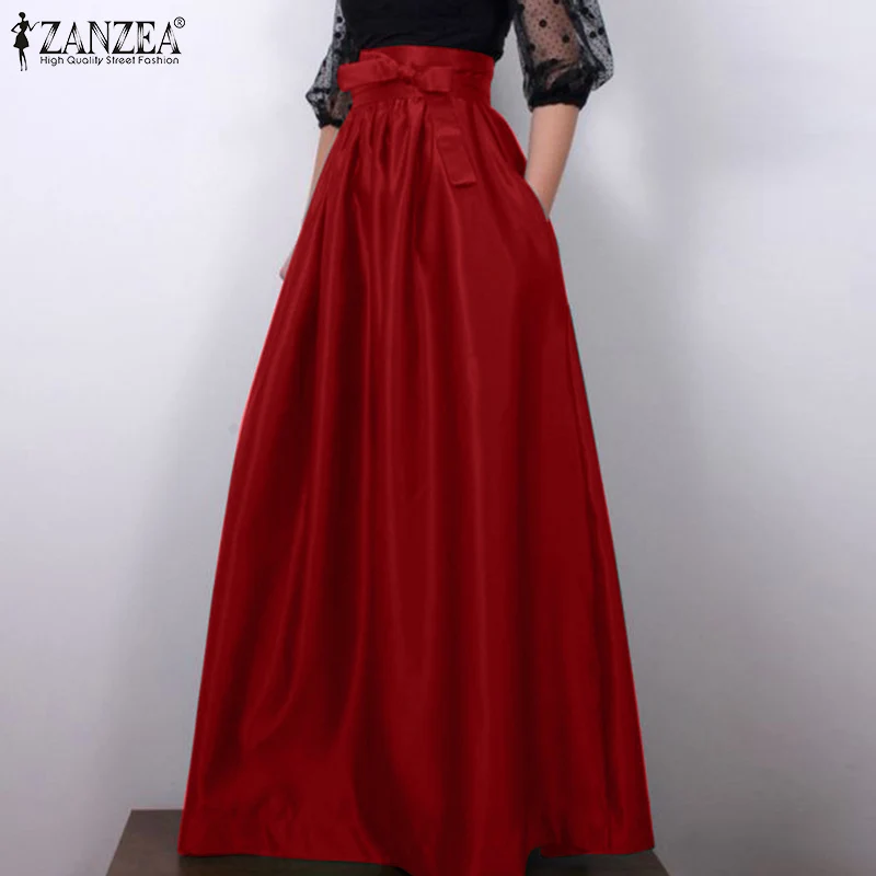 

Oversized Robe Elastic Waist Satin Skirt Women Elegant Long Belted Skirts ZANZEA Casual Holiday Party Faldas Saia Summer Stylish