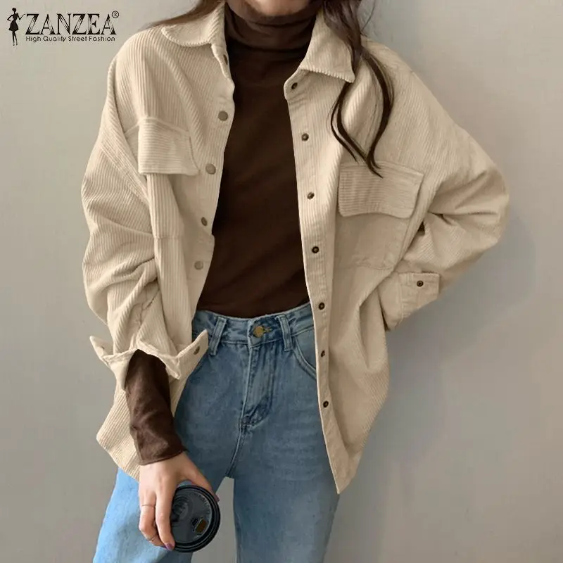 

Винтажная Повседневная Вельветовая Женская официальная блузка рубашка 2021 Весна Осень Топ с длинным рукавом ZANZEA однотонная Свободная блуза...