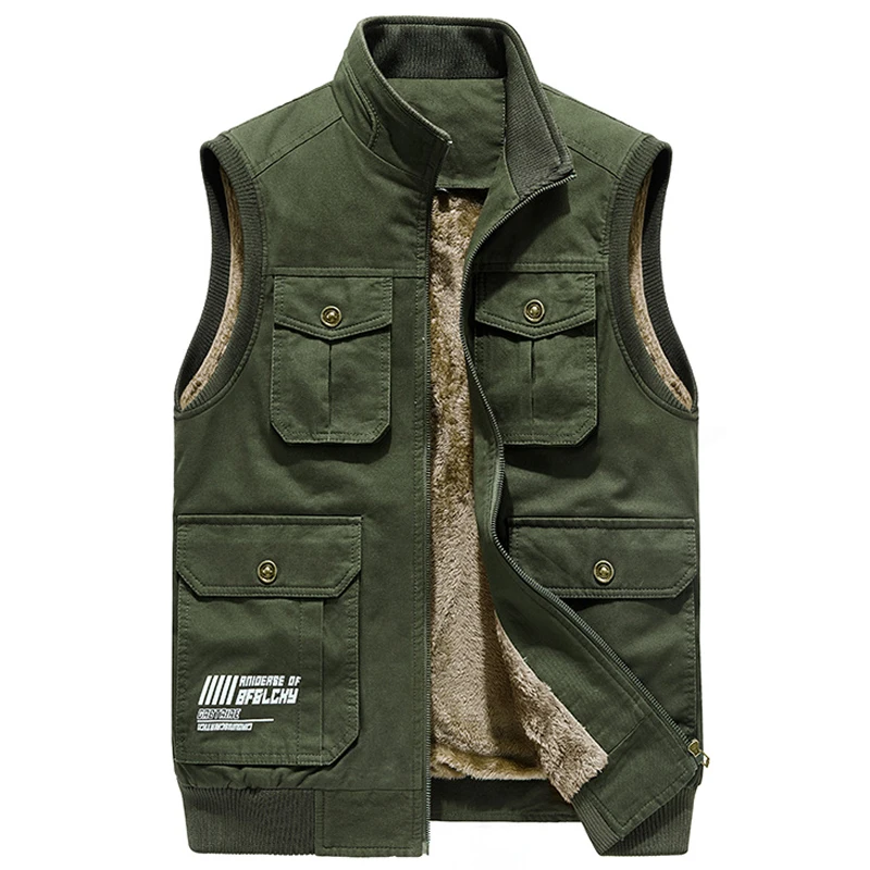 

Men's Vest Sleeveless Jacket Winter Fleece Warm Unloading Military Many Pocket Tactical Coat Male Autumn Fur Waistcoat Men Denim