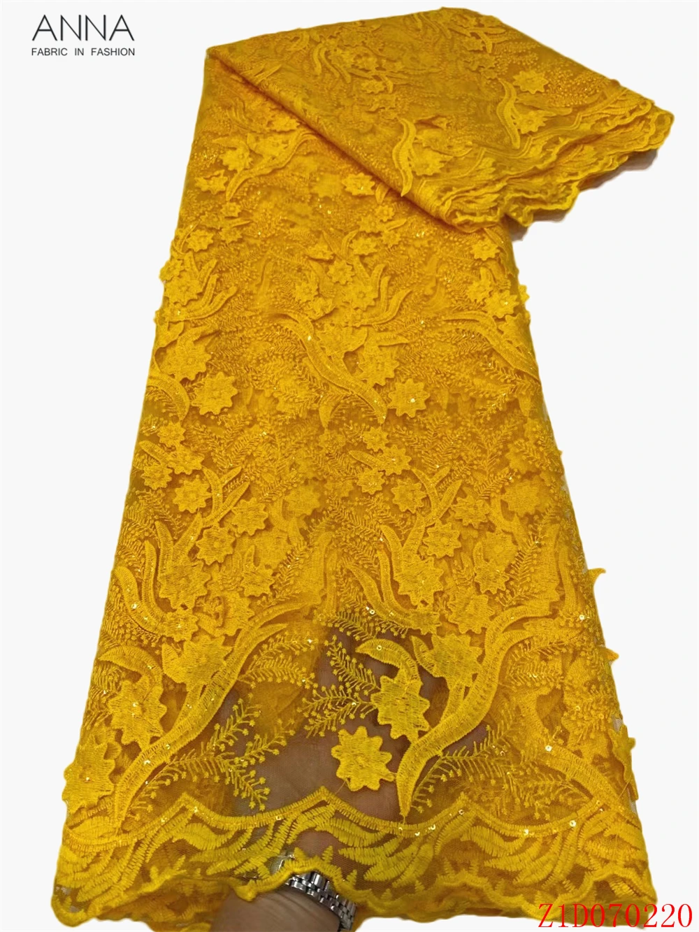 

Анна желтая нигерийская 3d стерео рельефная Цветочная кружевная дизайнерская африканская ткань с блестками 5 ярдов/шт Вышивка французская с...