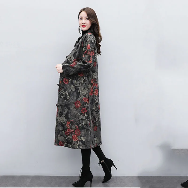 2021 Fall Winter New Fashion Ethnic Wind Disc Buckle Cotton-Padded Jacket Wwomen's Mid-Length Plus Velvet Thick Windbreaker Coat