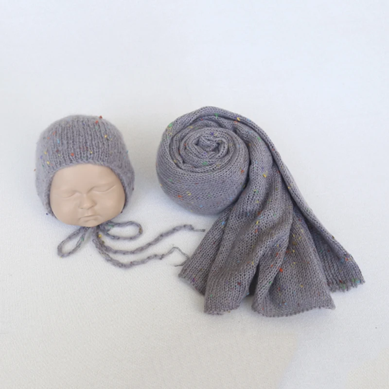 New mohair color dots wrap and knit bonnet newborn photo prop handmade baby sweater hat sets shoot | Детская одежда и обувь