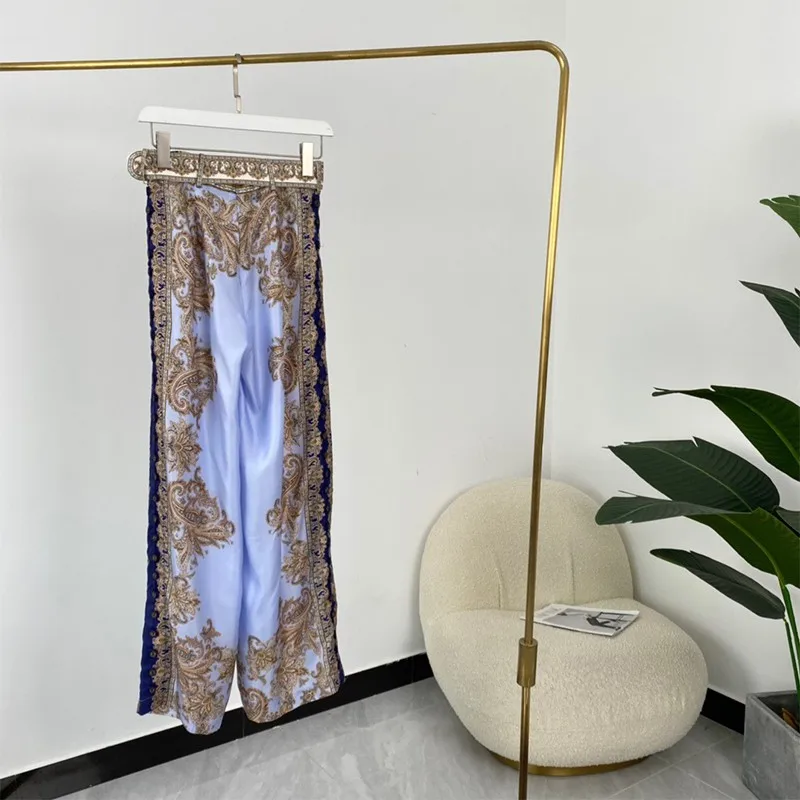 

2021 New Autumn Women Fashion High Quality Twill Silk Blue Floral Print Ankle Length Pants Suit Long Sleeve Blouse 2 Pieces Set