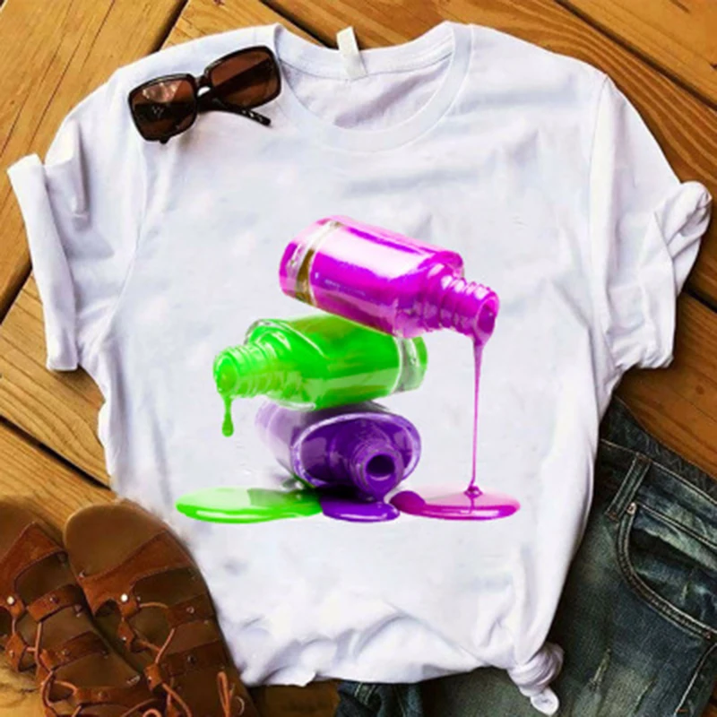 

Size S-3XL Watercolor Nail Polish PrintT Shirt Women Soft Modal O Neck Short Sleeve Summer T-Shirt Tops Casual Tee
