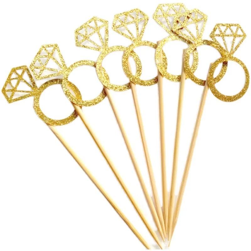 

10Pcs/set Diamond Ring Cake Topper Wedding Decorations Glitter Golden Cupcake Toppers Valentine's Day Supplies Dessert Decor