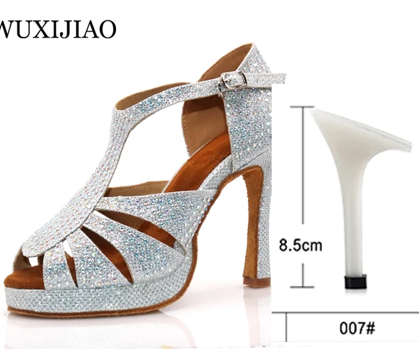 heel 8.5cm WUXIJIAO/Новинка; женская серебряная танцевальная обувь со стразами; обувь для сальсы; Обувь для бальных танцев; широкий каблук 10 см - Цвет: heel 8.5cm