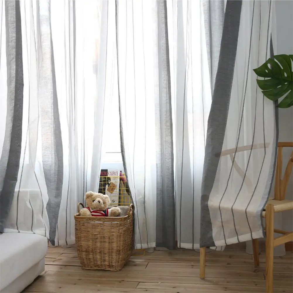 Простой полосатый стиль прозрачная занавеска с вышивкой для кухни гостиной