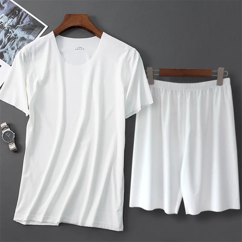 Men's Sets Short Sleeve Shorts Pajamas Summer Ice Silk Sleepwear Women's Threaded Short Sleeved T Shirt Man Casual Home Clothes