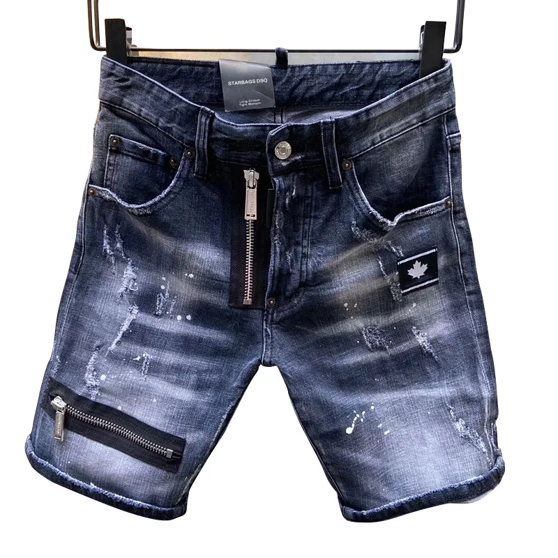 

Starbags dsq four seasons shorts jeans men's strong wash hole patch graffiti punk hip hop casual fit elastic 2020 latest