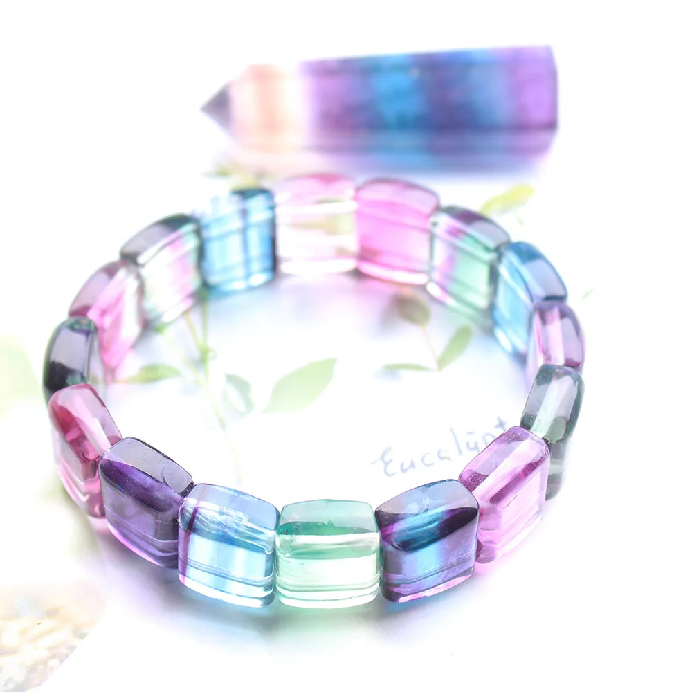 

Genuine natural color fluorite crystal rectangular bead bracelet Bangle, aura healing energy stone, lucky jewelry for women