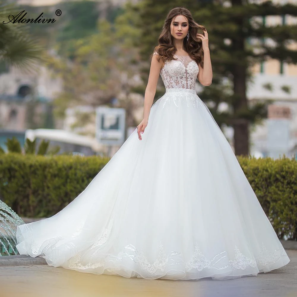 

Alonlivn Beading Sequined Crystals O-Neck Appliques Elegant A-Line Wedding Dresses