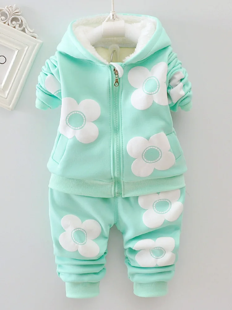 Осенне зимний комплект для девочек с цветочным принтом плюс куртка капюшоном