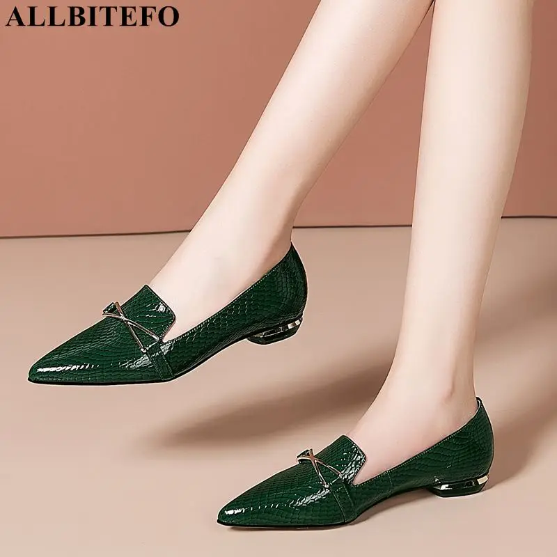 

ALLBITEFO High Quality Genuine Leather Bowtie Low-Heeled Comfortable Women Shoes Thick Heels Office Ladies Women Heels Shoes
