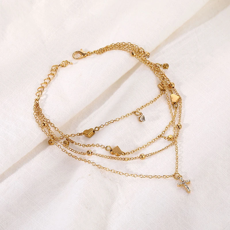 

New Vintage Cross Pendant Heart Anklets For Women Multilayers Beads Chain Anklet 2021 Bracelet on Leg Foot Beach Jewelry