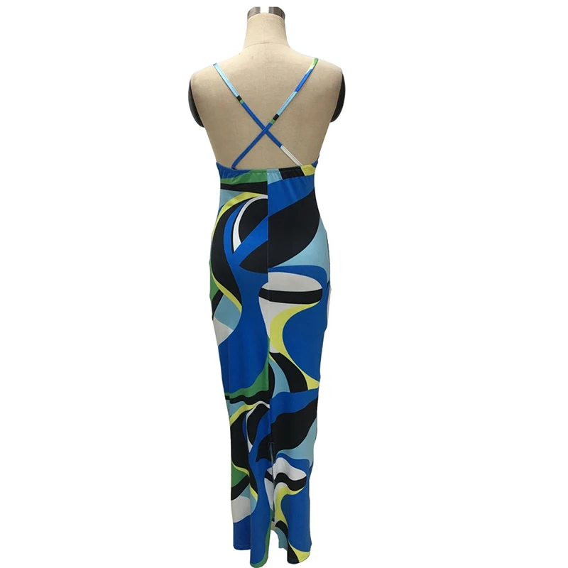 

Print Sexy Long Beach Dress Women Backless Cross Bodycon Long Dresses 2021 Summer Plus Size Sleeveless Back Slit Wrap Sundress