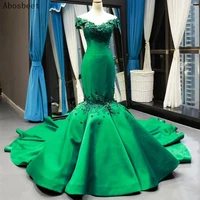 green satin elegant evening dress 2021 3d flowers long train mermaid prom party women evening gown off shoulder puffy gown