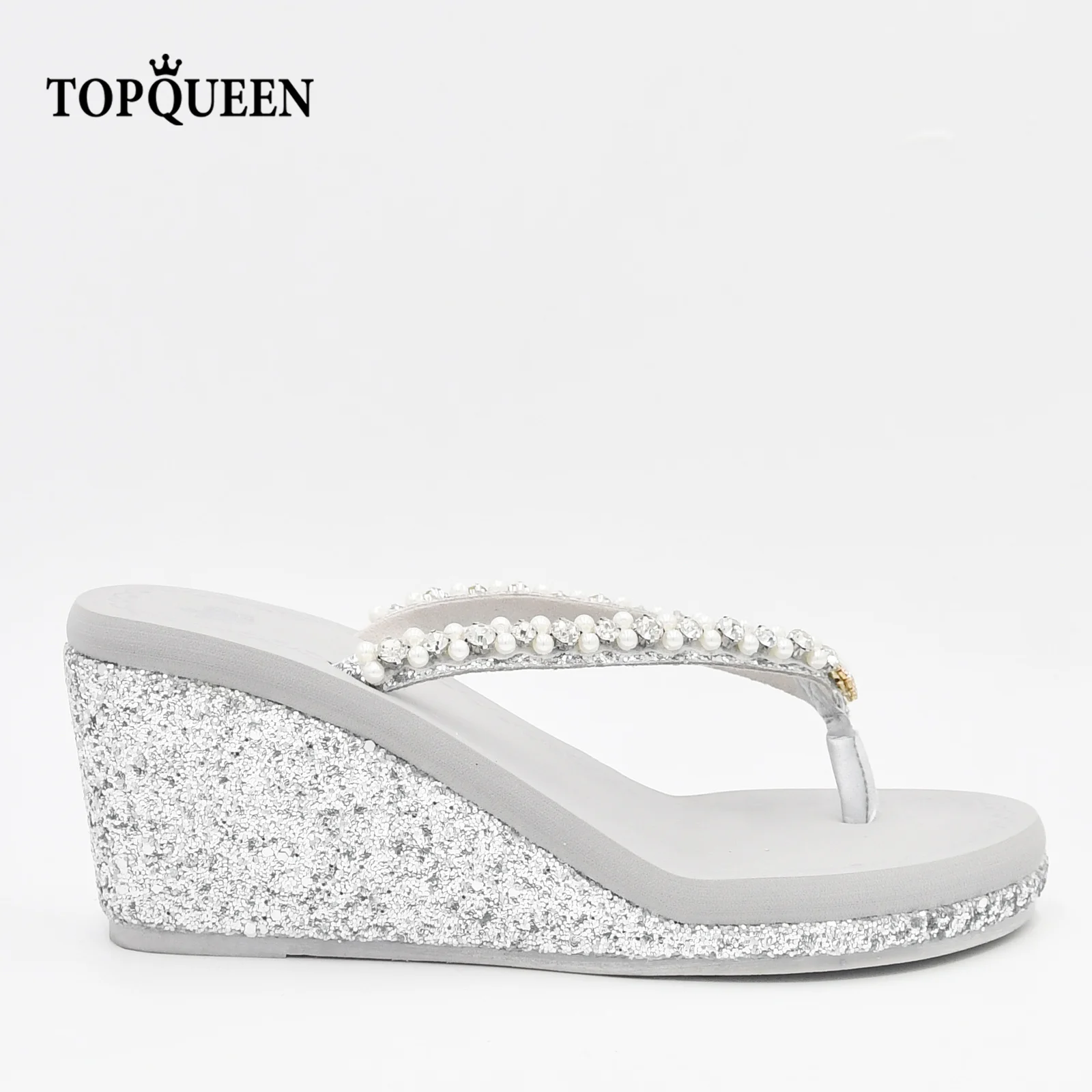 

TOPQUEEN-A45 Gray Sandal High Heels Flip-Flops Wedding Shoes Crystal And Pearl Decoration Women's sandals