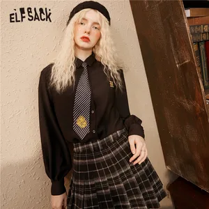 Женские однобортные повседневные рубашки ELFSACK, черные однобортные рубашки с вышивкой спереди, Осенний топ с длинными рукавами ELF в Корейском стиле 2020