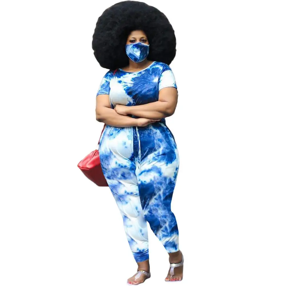 

Tie-Dye Printing Plus Size Women Jumpsuits O-Neck Short Sleeve Drawstring Waist Lady Pencil Pants Rompers For Spots Party Wear