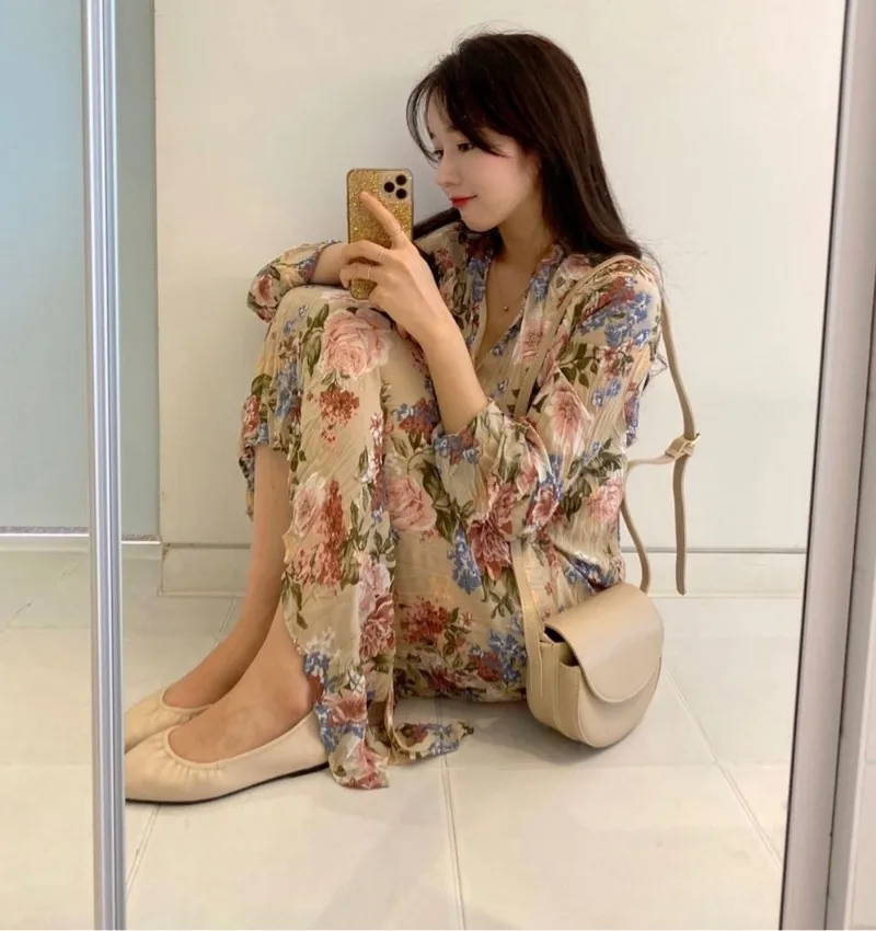 

New Female Vestidos Pleated Large Size OL High Waist Women All Match Florals V-Neck 2020 Slim Chic Long Dresses