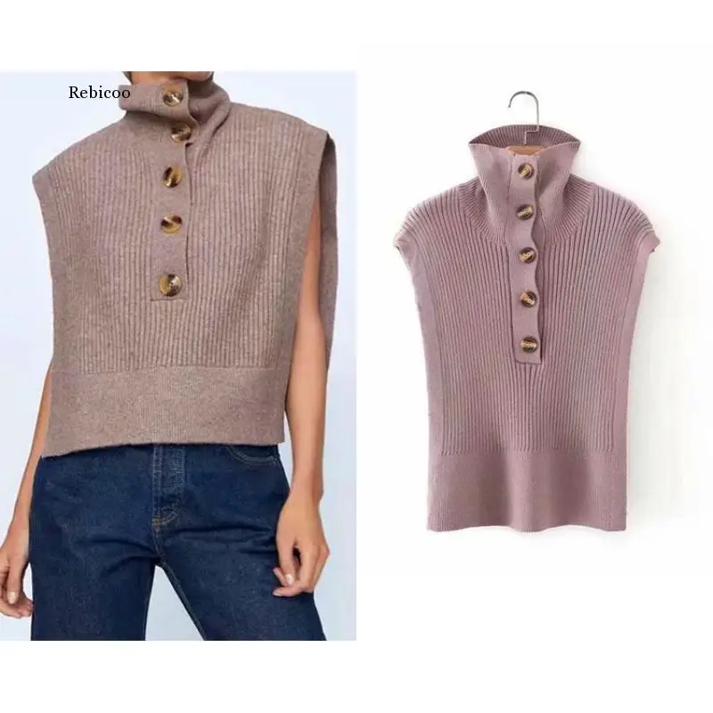 

Pullover Urban Casual Turtleneck Split Shawl Vest Spring New Women's Solid Color Knitted Vest Waistcoat