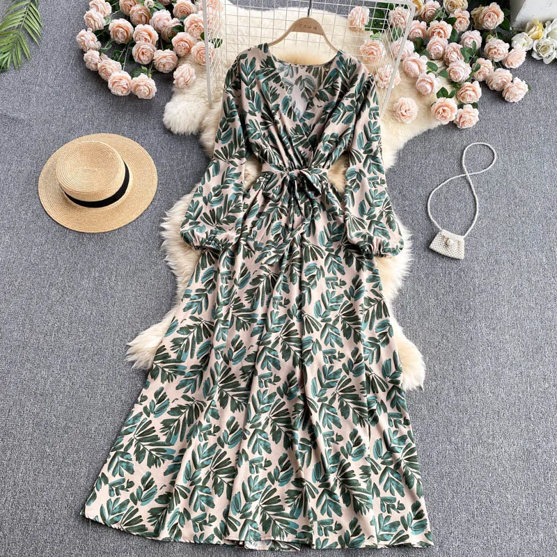 

Women's Autumn Vintage V-neck Boho Long Dresses Tie High Waist Long Sleeve Floral Print Holiday Skirt Maxi Vestir