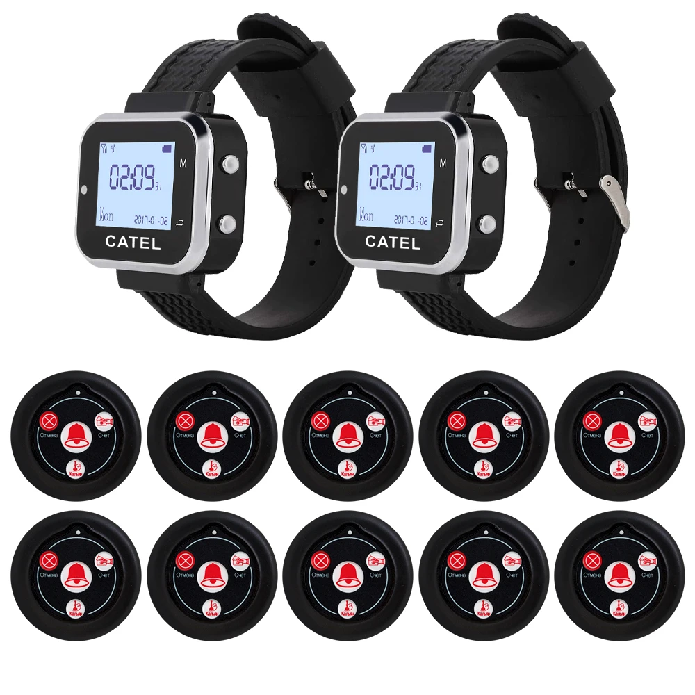CATEL Russian 10 Button 2 Watch Pager Wireless Calling System Bell Transmitter for Restaurant Waiter Service Bell Buzzer