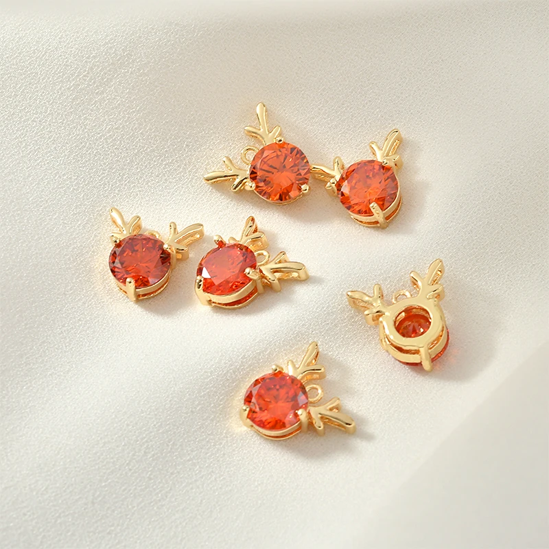 Copper-plated 18k true gold Christmas antler red zircon pendant diy earrings necklace bracelet accessories | Украшения и