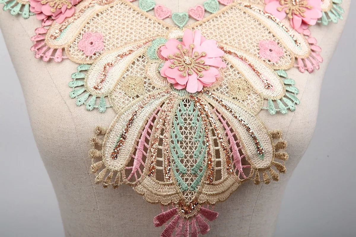 5 шт. Золотая зеленая розовая 3d винтажная вышивка цветочный воротник Венеция