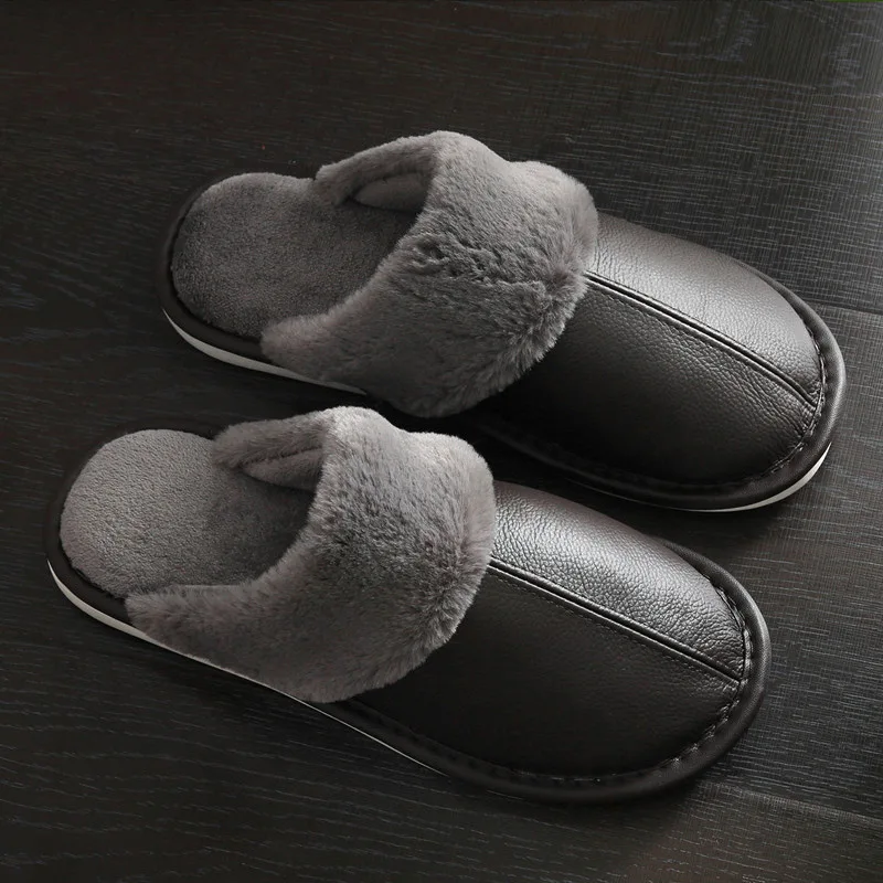 

Home slippers for men Large size 45-46 Indoor slippers men PU Leather Waterproof Male slippers Winter Plush Warm