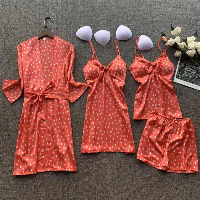 

Летние платья из сатина женские 4 вещи в комплекте, одежда для сна, костюм оранжевого цвета с узором в горошек, с принтом кимоно халат комплек...